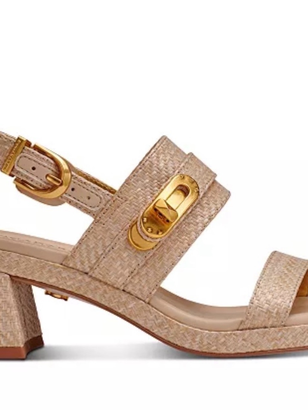 EUC DonnaKaran New York  Woven Beige Block Heel Sandals with Gold Buckle